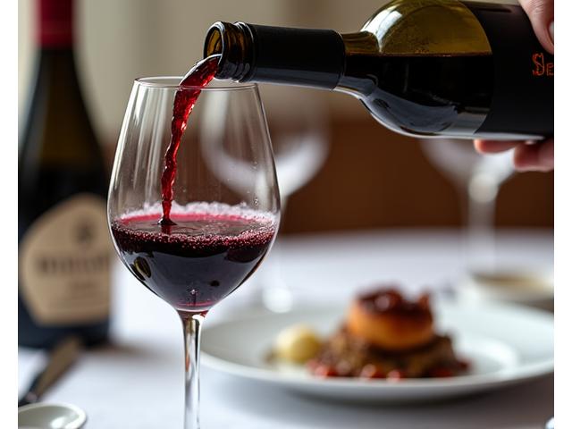 Main d'un sommelier versant du vin dans un verre, avec un plat raffiné en arrière-plan
