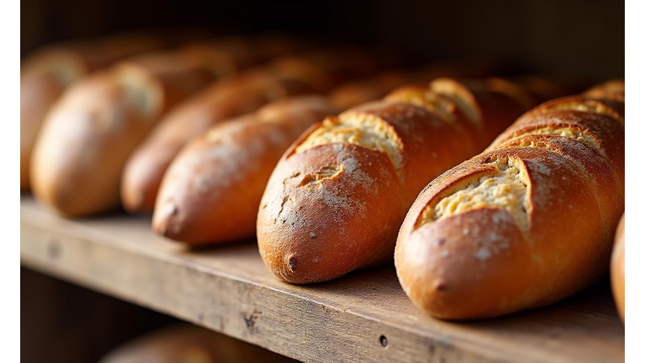 Des pains artisanaux croustillants sur une étagère en bois, avec une croûte dorée et une mie aérée.