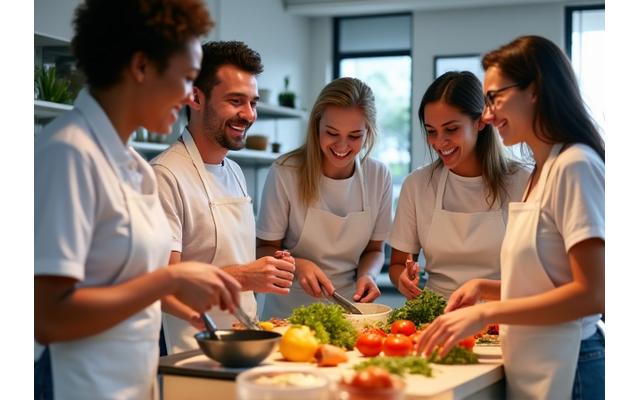 Un groupe de collègues souriants, vêtus de tabliers, travaillant ensemble autour d'un îlot de cuisine lumineux, préparant des plats en équipe.